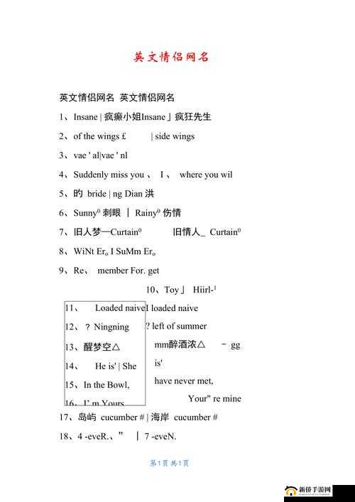 欧美私人情侣网名大全：浪漫爱意的英文昵称集合